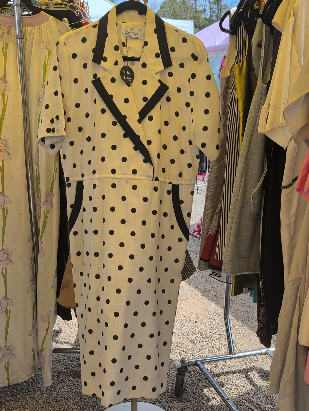 Vintage-Inspired White Polka Dot Midi Dress with Black Trim